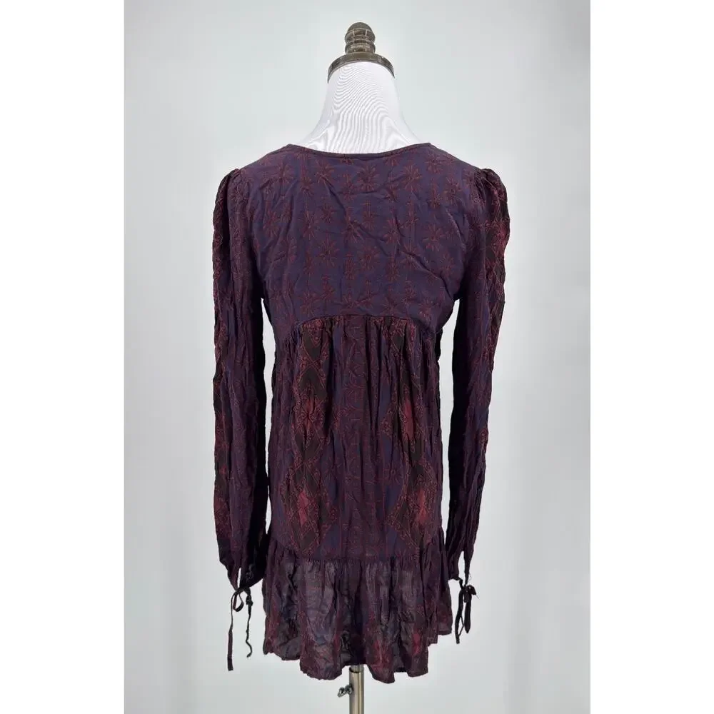 Free People Dark Romance Purple Black Floral Boho V Neck Tunic Top Sz XS